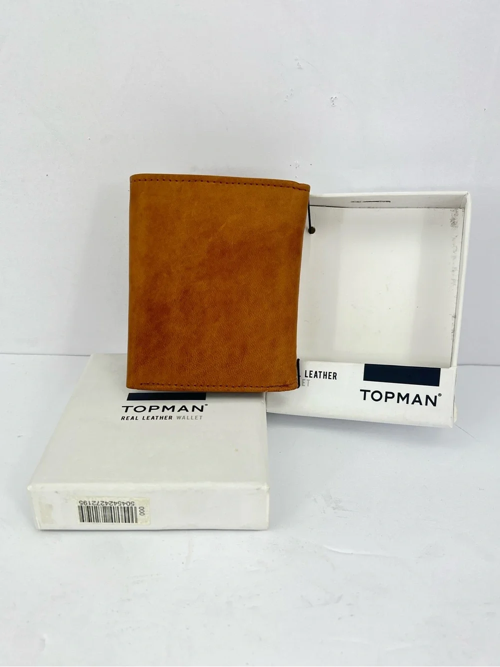 TOPMAN REAL LEATHER, TRI FOLD WALLET, LIGHT BROWN, ZIPPER FOR COIN